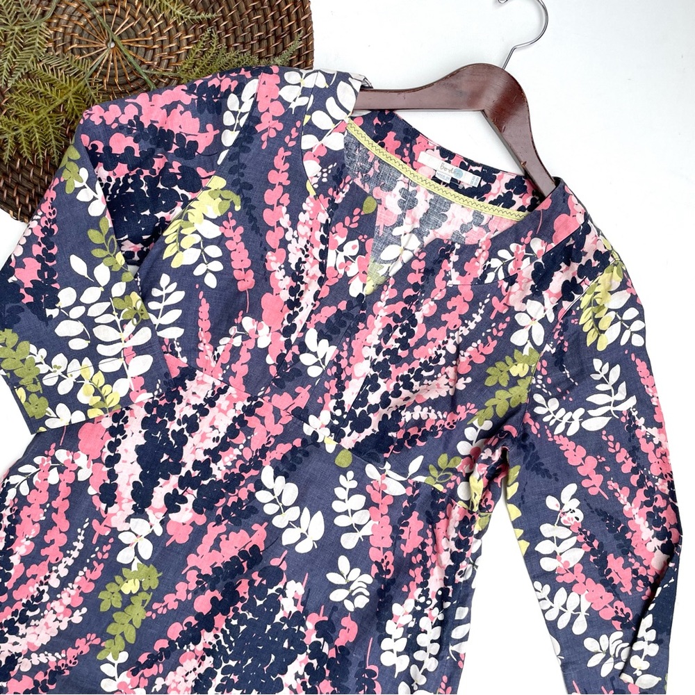 Boden Womens Dress Blue Pink Multi Floral Linen Split V Neck 3/4 Sleeve Size 10 - Picture 2 of 11